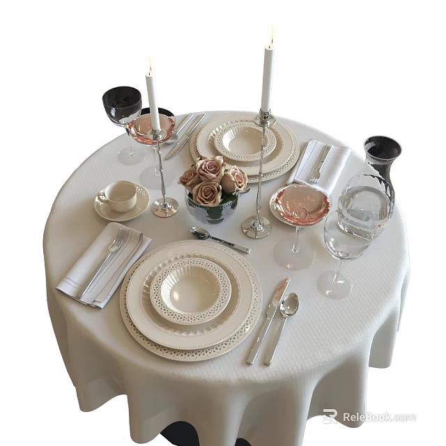 Elegant Dinnerware Set With White Tablecloth Roses Candles Wine Glasses Water Glasses And Cutlery 3d model 