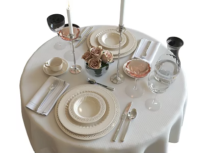 Elegant Dinnerware Set With White Tablecloth Roses Candles Wine Glasses Water Glasses And Cutlery 3d model
