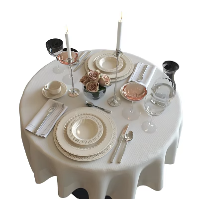 Elegant Dinnerware Set With White Tablecloth Roses Candles Wine Glasses Water Glasses And Cutlery 3d model