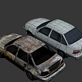 Two Cars Parked Side By Side With White And Rusted Damaged Exteriors