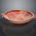 Terracotta Bowl Sculpture With Carved Red Brown Surface Patterns And Double Handles