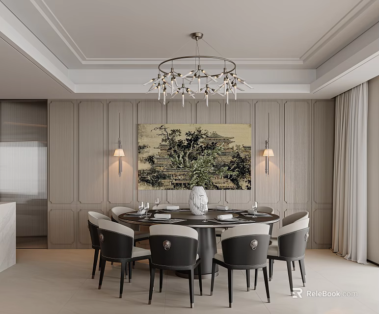 Modern Dining Room Interior With Round Table Black Chairs Crystal Chandelier And Wooden Panel Walls 3d model 