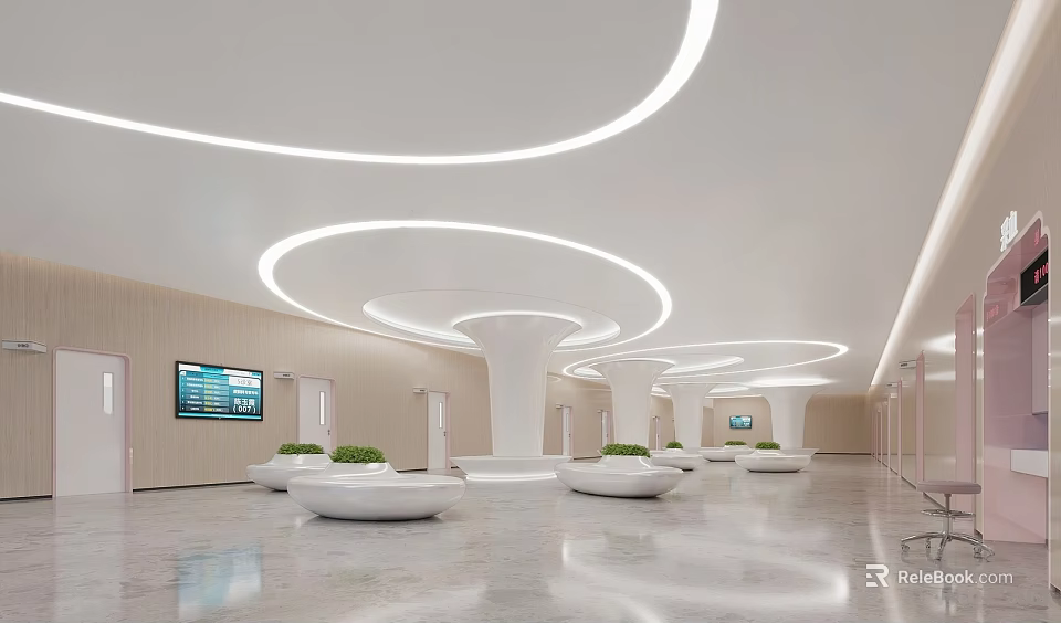 Modern Hospital Outpatient Clinic Hall With Curved Lights And Greenery 3d model 