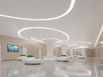 Modern Hospital Outpatient Clinic Hall With Curved Lights And Greenery 3d model