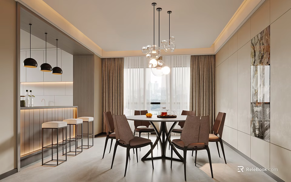 Elegant Modern Restaurant Interior With Dining Table Chairs Pendant Lights And Curtains 3d model 