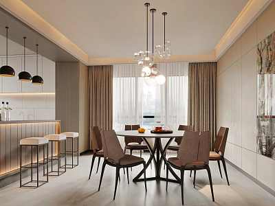 Elegant Modern Restaurant Interior With Dining Table Chairs Pendant Lights And Curtains 3d model