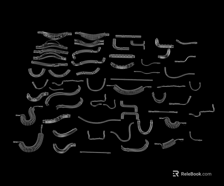 Various Types of Hardware Tools and Fittings with White Outlines Arranged Densely on Black Background 3d model 