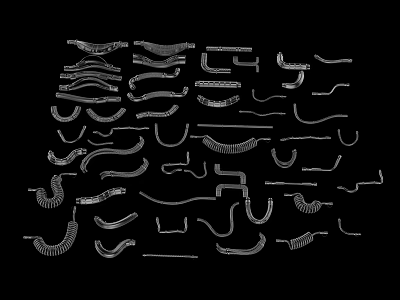 Various Types of Hardware Tools and Fittings with White Outlines Arranged Densely on Black Background 3d model