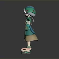 Woman Wearing Green Outfit With White Hair Green Hat Gloves Boots And Pink Small Creature