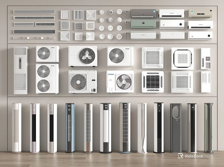 Various Types of Modern Air Conditioners and Fans Including Wall Mounted and Standing Models 3d model 
