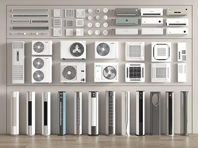 Various Types of Modern Air Conditioners and Fans Including Wall Mounted and Standing Models 3d model