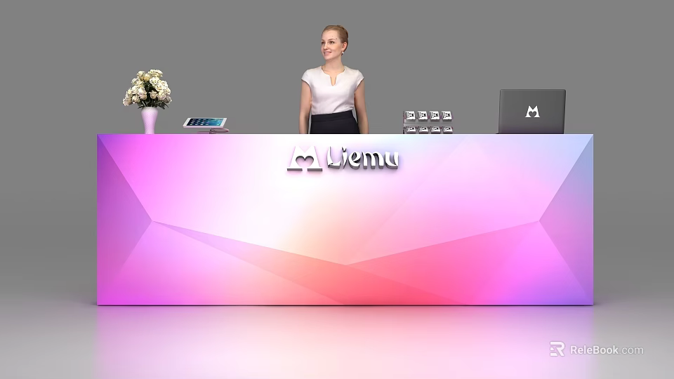 Modern Reception Desk With Gradient Design Logo Flower Vase Tablet Laptop And Woman 3d model 