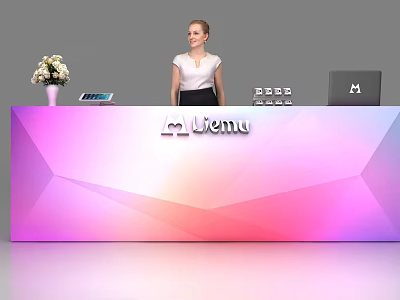 Modern Reception Desk With Gradient Design Logo Flower Vase Tablet Laptop And Woman 3d model