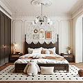 Modern Elegant Bedroom Interior With White Walls Dark Headboard Decorative Paintings Chandelier Nightstands And Rug