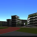 Modern School Buildings With Green Roofs Sports Field And River Surrounded By Trees