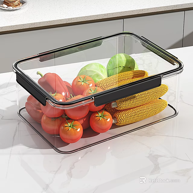 Vegetables in Clear Storage Container with Tomatoes Peppers Corn and Cabbage on Marble Countertop 3d model 