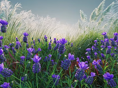 Vibrant Purple Flowers And Tall Green Grasses Thriving In Sunlit Natural Garden Area 3d model