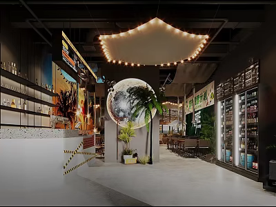 Restaurant Interior Design With Large Mirror Ball Palm Tree String Light Chandelier And Green Plants 3d model
