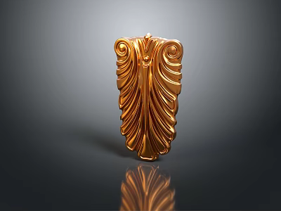 Golden Ornate Weapon Shield Featuring Leaf Like Curled Patterns Shiny Surface And Dark Background Reflection 3d model