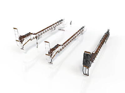 Three Long Industrial Conveyor Machinery with Metal Frame and Mechanical Components 3d model