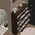 Wooden Multi tiered Shoe Cabinet with Decorative Top Vase White Flowers Photo Frame and Books