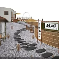 Serene Garden Landscape Featuring White Building Thatched Pavilion Stone Path Bamboo Fence Lanterns And Pebble Ground