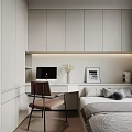 Tatami Bedroom Interior Design With White Cabinets Desk Computer Chair Bed Pillows And Wall Painting