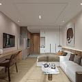 Modern Apartment Interior Featuring Soft Tones Bed Sofa Wooden Accents Marble Tabletop And Decorative Painting