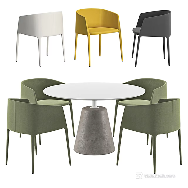 Modern Round Dining Table Set With Concrete Base And Green Chairs 3d model