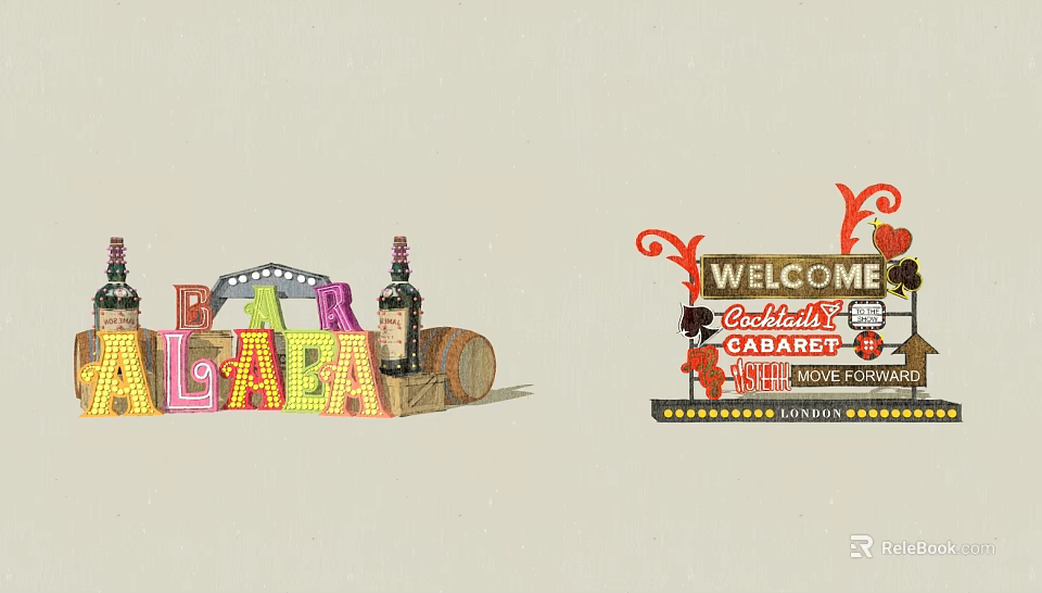 Vibrant Ironwork Signage Featuring Welcome Cocktails Cabaret Colorful Letters And Barrel Accents 3d model 