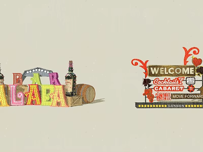 Vibrant Ironwork Signage Featuring Welcome Cocktails Cabaret Colorful Letters And Barrel Accents 3d model