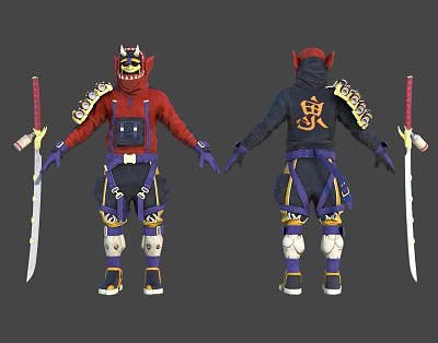 Oni Samurai Characters In Red And Black Costumes With Swords Armor And Horned Headpieces 3d model