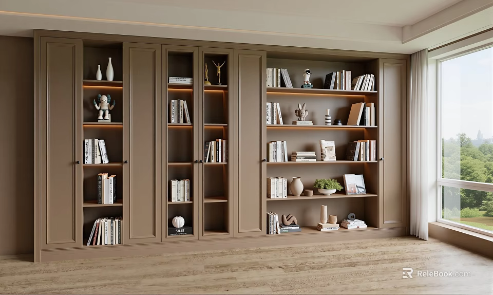 Built in Walnut Bookshelf with Multiple Shelves Books Decorative Trophies and Potted Plant 3d model 
