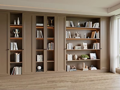 Built in Walnut Bookshelf with Multiple Shelves Books Decorative Trophies and Potted Plant 3d model
