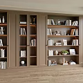 Built in Walnut Bookshelf with Multiple Shelves Books Decorative Trophies and Potted Plant