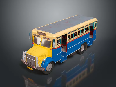 Vintage Yellow And Blue Toy Bus Model With Gray Roof And Open Doors 3d model