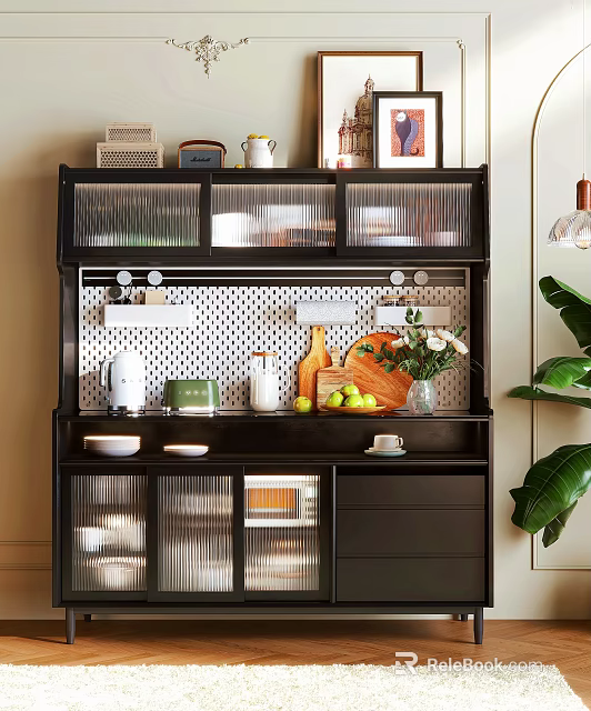 Modern Sideboard Design With Transparent Stripe Doors Kitchen Essentials Fresh Fruits Flower Vase Green Plant 3d model 