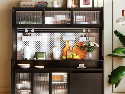 Modern Sideboard Design With Transparent Stripe Doors Kitchen Essentials Fresh Fruits Flower Vase Green Plant 3d model