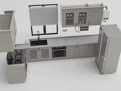 Modern Kitchen Interior With Gray Cabinets Refrigerator Sink Stove And Oven 3d model