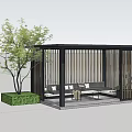 Modern Outdoor Pergola With Vertical Slat Design Sofa Coffee Table And Lake View Setting