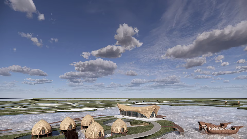 Unique Wooden Houses With Curved Roof Design In Natural Open Landscape 3d model 