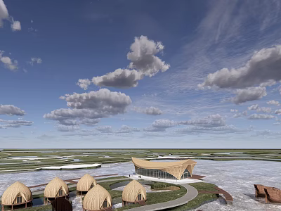 Unique Wooden Houses With Curved Roof Design In Natural Open Landscape 3d model