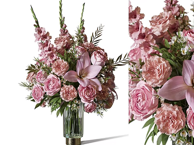 Pink Roses And Lilies Arrangement In Glass Vase With Metallic Base And Green Leaves 3d model
