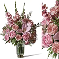 Pink Roses And Lilies Arrangement In Glass Vase With Metallic Base And Green Leaves