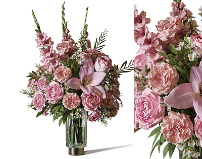 Pink Roses And Lilies Arrangement In Glass Vase With Metallic Base And Green Leaves 3d model