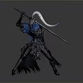 Mythical Warrior Character In Blue Armor Wielding Long Sword With White Tassel