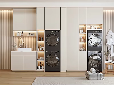Modern Bathroom Cabinet Rack With White Design Integrated Washing Machines Sink And Wooden Accents 3d model