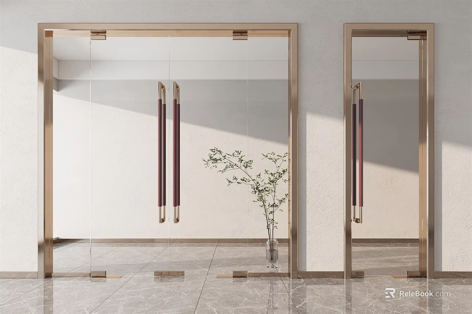 Modern Glass Doors with Golden Frames Dark Handles Marble Floor and Vase Plant 3d model 