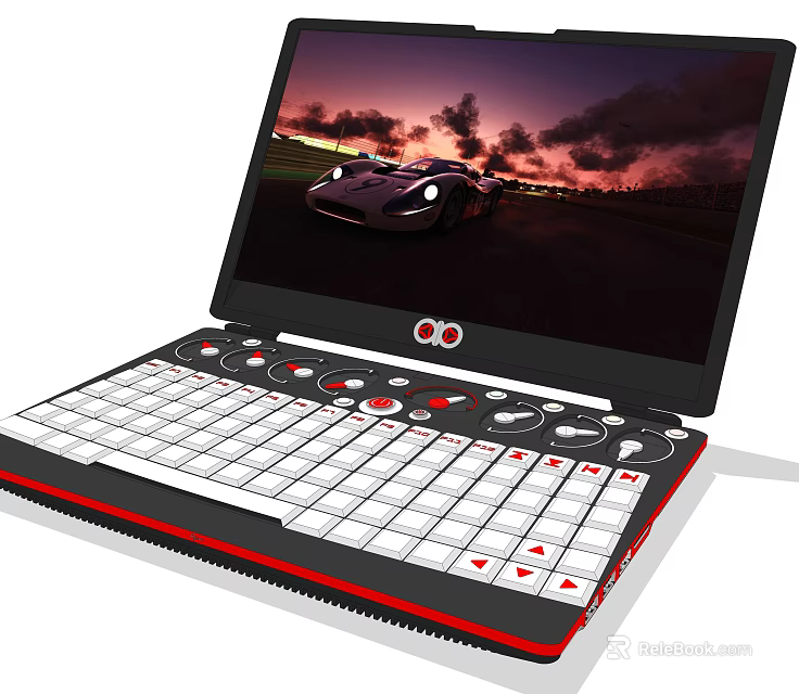 Unique Laptop With Red White Keyboard Design And Screen Showing Sports Car Sunset View 3d model 