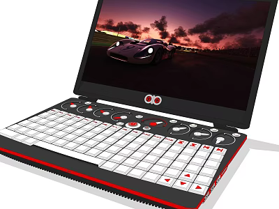 Unique Laptop With Red White Keyboard Design And Screen Showing Sports Car Sunset View 3d model